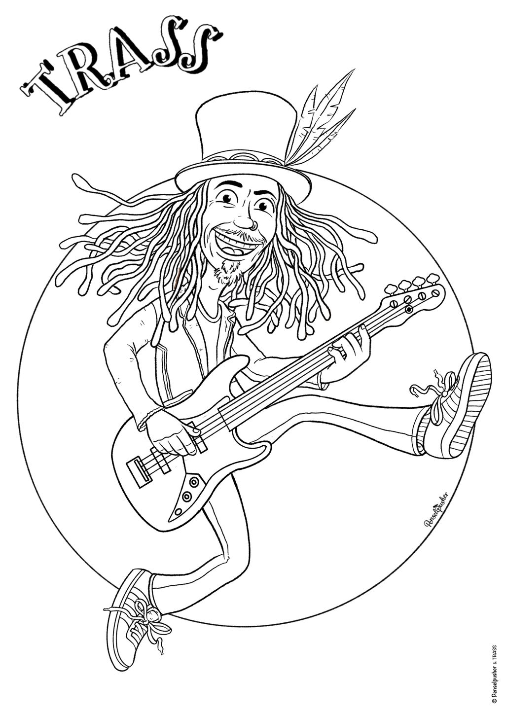 Tegneark: bassist med flosshatt og dreadlocks som hopper