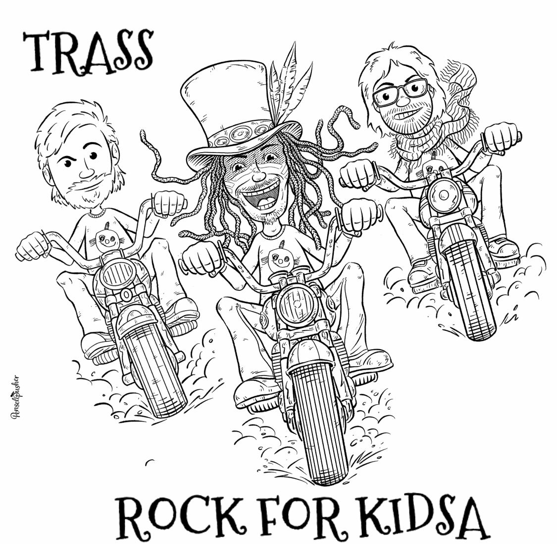 Tegneark: TRASS på motorsykler med teksten Rock for kidsa